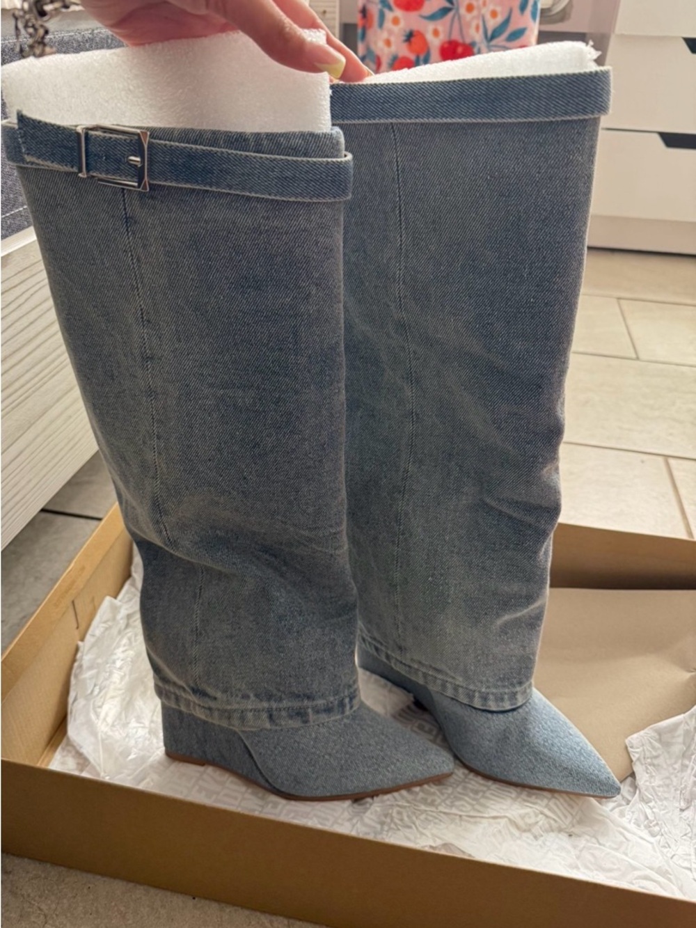 Steve Madden Light Denim Pointed-Toe Knee Boots